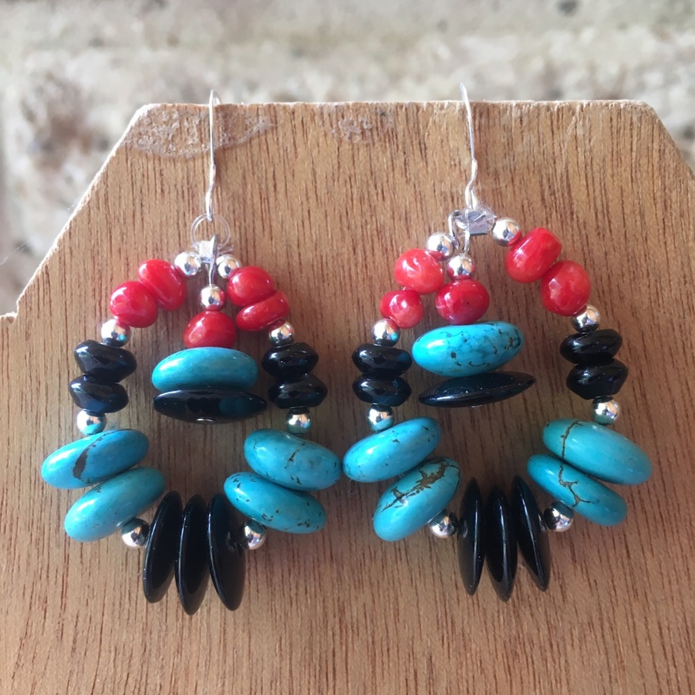 Sterling, onyx, coral and turquoise earrings